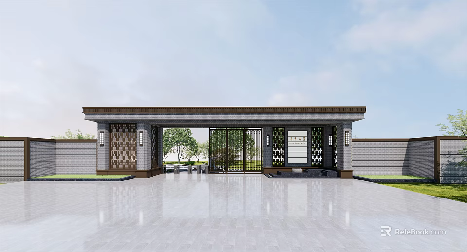 Elegant Modern Entrance Gate With Decorative Pillars And Shiny Smooth Floor 3d model 