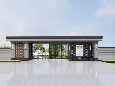 Elegant Modern Entrance Gate With Decorative Pillars And Shiny Smooth Floor 3d model