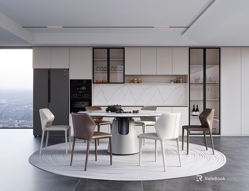 Modern Restaurant Interior With Open Kitchen Dining Table And Stylish Chairs 3d model