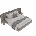 Stylish Double Bed With Upholstered Headboard Striped Bedspread Pillows And Bedside Table 3d model