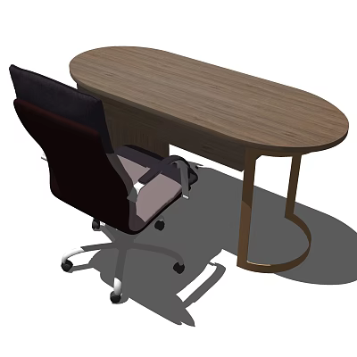 Modern Oval Wooden Office Desk With Ergonomic Chair And Metal Frame 3d model