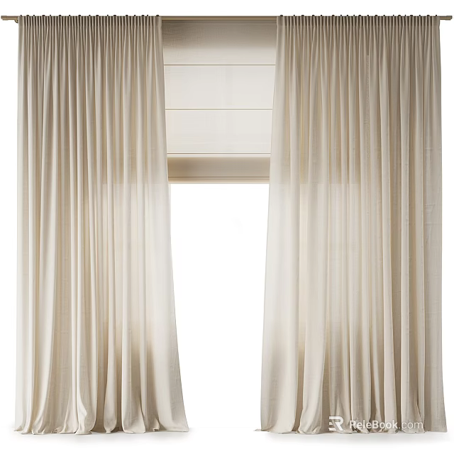 Elegant Beige Linen Curtains With Natural Drape Design And Open Window 3d model 