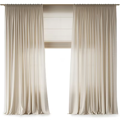 Elegant Beige Linen Curtains With Natural Drape Design And Open Window 3d model