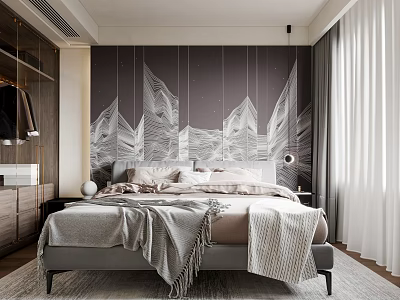 Modern Bedroom With Gray Mountain Pattern Wall Soft Blankets Wooden Nightstand And White Curtains 3d model