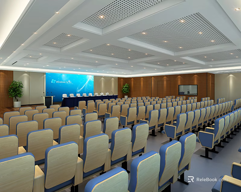 Modern Conference Room Interior With Seating Rows Projection Screen And Wooden Walls 3d model 