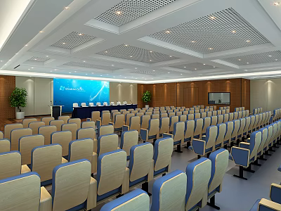 Modern Conference Room Interior With Seating Rows Projection Screen And Wooden Walls 3d model
