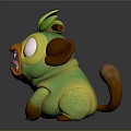 Cartoon Creature 3D Model with Green Body Yellow Face Big Eyes and Leaf Decoration