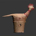Ceramic Rooster Sculpture With Red Accents Light Colored Body And Cylindrical Base Cracked Details