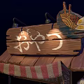 Small Wooden Food Stall With Striped Awning Chalkboard Menu And Red Stool