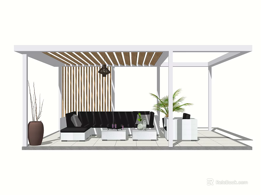 Outdoor Pergola With White Frame Wooden Slatted Roof Black Sofa And Green Plants 3d model 