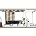 Outdoor Pergola With White Frame Wooden Slatted Roof Black Sofa And Green Plants