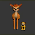 Cute Cartoon Orange Deer With White Spots And Yellow Baby Lion Together