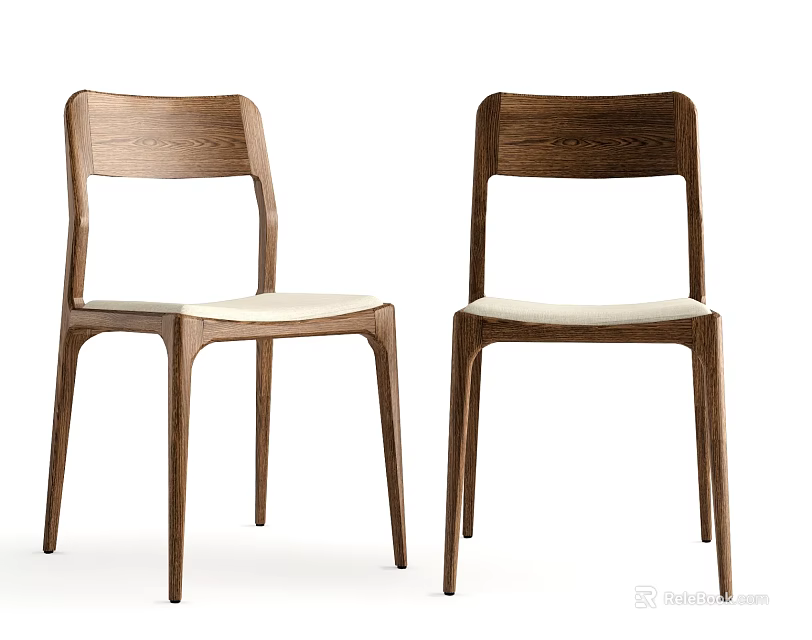 Two Modern Dining Chairs with Walnut Wood Frame Beige Upholstered Seats and Sleek Minimalist Design 3d model 