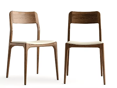 Two Modern Dining Chairs with Walnut Wood Frame Beige Upholstered Seats and Sleek Minimalist Design 3d model