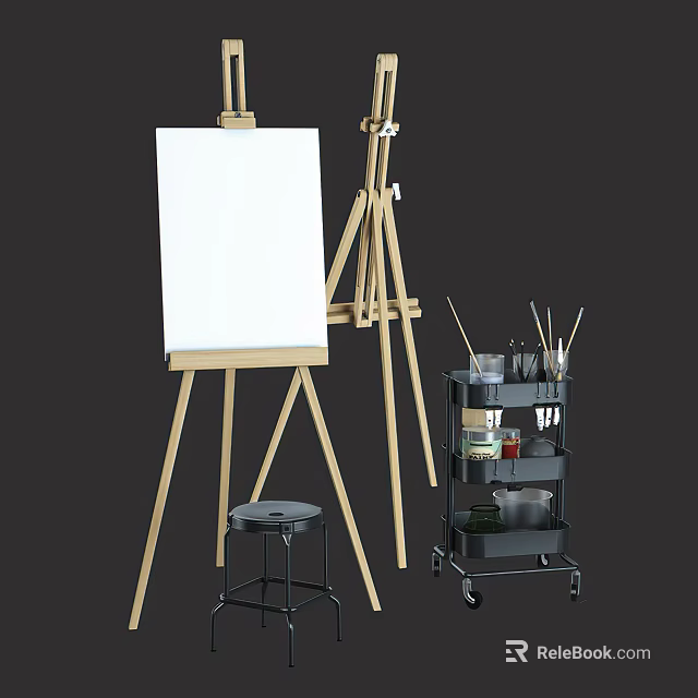 Art Supplies Setup With Wooden Easel Canvas Stool And Rolling Art Cart 3d model 