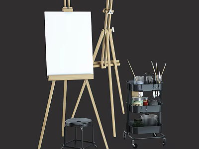 Art Supplies Setup With Wooden Easel Canvas Stool And Rolling Art Cart 3d model
