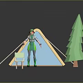 Yellow and Blue Camping Tent with Green Tree Wooden Chair and Character