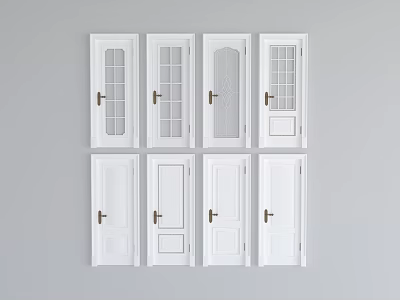 White Hinged Doors With Various Designs Golden Handles And Glass Panels 3d model