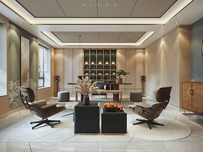 Modern Luxury Tea Room Interior With Comfortable Seats Coffee Tables Decorative Cabinets And Bright Lighting 3d model