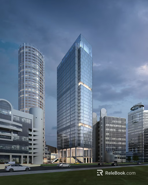 Tall Modern Office Building With Glass Curtain Wall And Urban Evening Skyline 3d model 