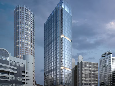 Tall Modern Office Building With Glass Curtain Wall And Urban Evening Skyline 3d model