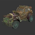 Rusty Modified Car With Exposed Mechanical Parts Rugged Tires And Roof Lights