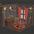 Cozy Interior Room With Red Curtains Round Table Stools Wall Decor And Window
