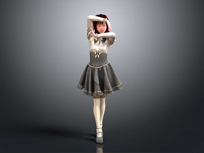 Little Girl In Gray Ballet Tutu Dress With Red Headband Dancing Pose 3d model