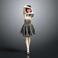 Little Girl In Gray Ballet Tutu Dress With Red Headband Dancing Pose