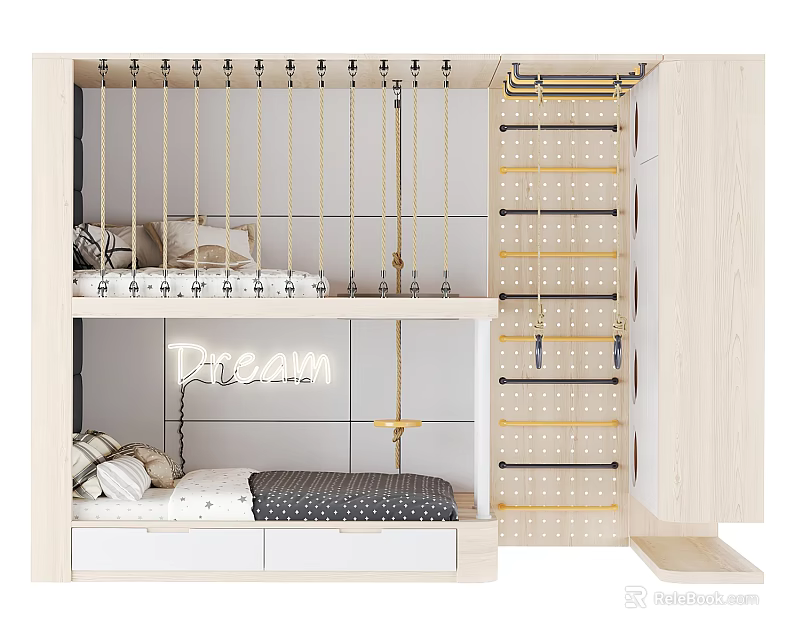 Modern Wooden Bunk Bed Design With Storage Drawers Ladder And Dream Sign 3d model 