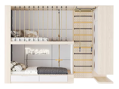 Modern Wooden Bunk Bed Design With Storage Drawers Ladder And Dream Sign 3d model