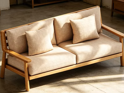 Modern Wooden Two Seater Sofa With Beige Upholstery And Decorative Pillows 3d model