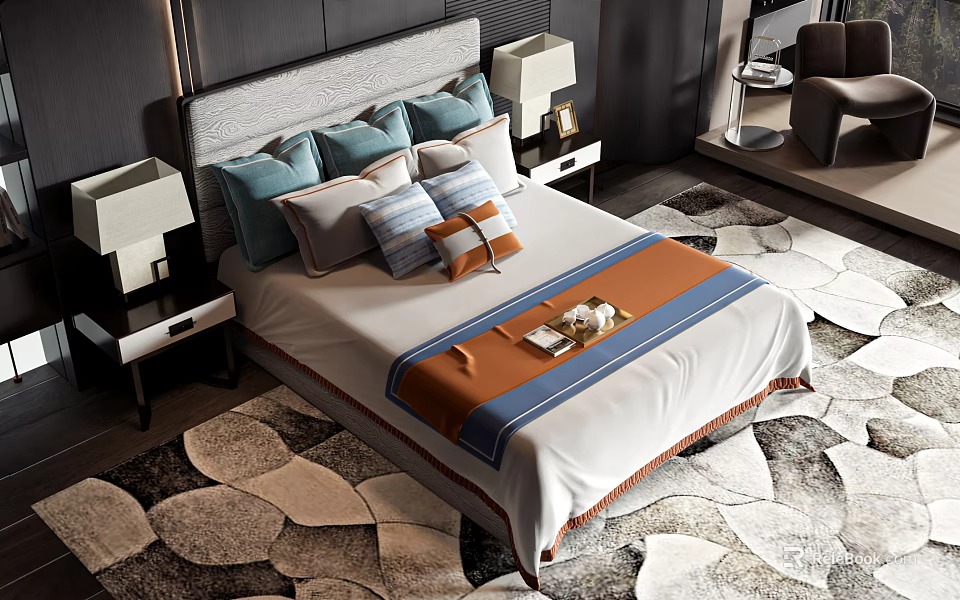 Modern Double Bed With Colorful Pillows Bed Runner And Bedside Table Lamps 3d model
