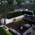 Outdoor Garden Landscape With Lush Greenery Relaxing Seating Area Fire Pit And Bar Counter