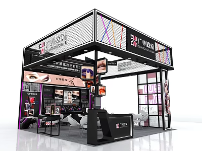 Modern Beauty Exhibition Booth With Display Screens Eyelash Products Cosmetic Showcases And Seating 3d model