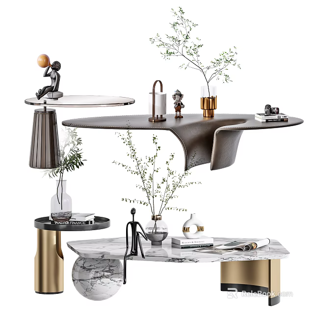 Elegant Modern Coffee Table With Marble Top Brass Base And Decorative Plants 3d model