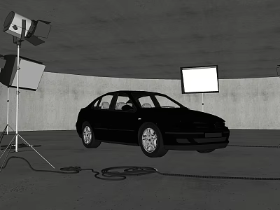 Black Car Being Photographed In Studio With Professional Lighting Equipment And Reflectors 3d model