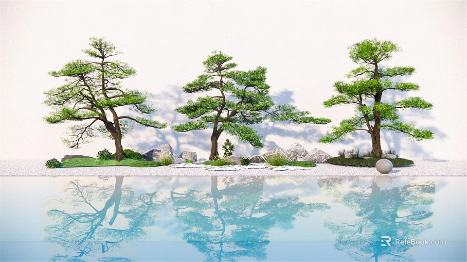 Arbor Trees In Garden Landscape With Water Reflection Stones And Green Grass 3d model 