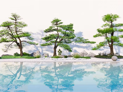 Arbor Trees In Garden Landscape With Water Reflection Stones And Green Grass 3d model