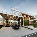 Modern Detached Villa Exterior Design With Palm Trees Driveway Car And Swimming Pool