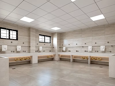 Modern Bright Spacious Public Toilet With Light Stone Tile Interior Design And Standard Wash Facilities 3d model