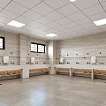 Modern Bright Spacious Public Toilet With Light Stone Tile Interior Design And Standard Wash Facilities