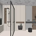 Modern Bathroom Interior With Glass Shower Black Fixtures White Cabinets And Wood Accents