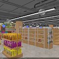 Well Stocked Supermarket Interior With Shelves Yellow Purple Packages And Various Products