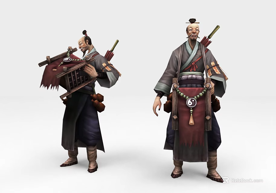 Game Movie Characters In Traditional Robes With Arrows String Instrument And Ornate Belts 3d model 