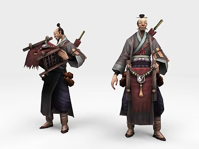 Game Movie Characters In Traditional Robes With Arrows String Instrument And Ornate Belts 3d model