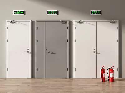 Fire Exit Doors With Green Safety Exit Signs And Red Fire Extinguishers 3d model