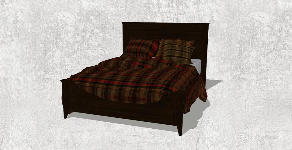 Cozy Double Bed With Dark Wooden Frame And Plaid Bedding Pillows 3d model 