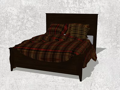 Cozy Double Bed With Dark Wooden Frame And Plaid Bedding Pillows 3d model