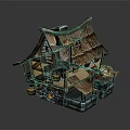 Cartoon Style Cottage With Wooden Roof Stone Base Porch And Barrel Decor